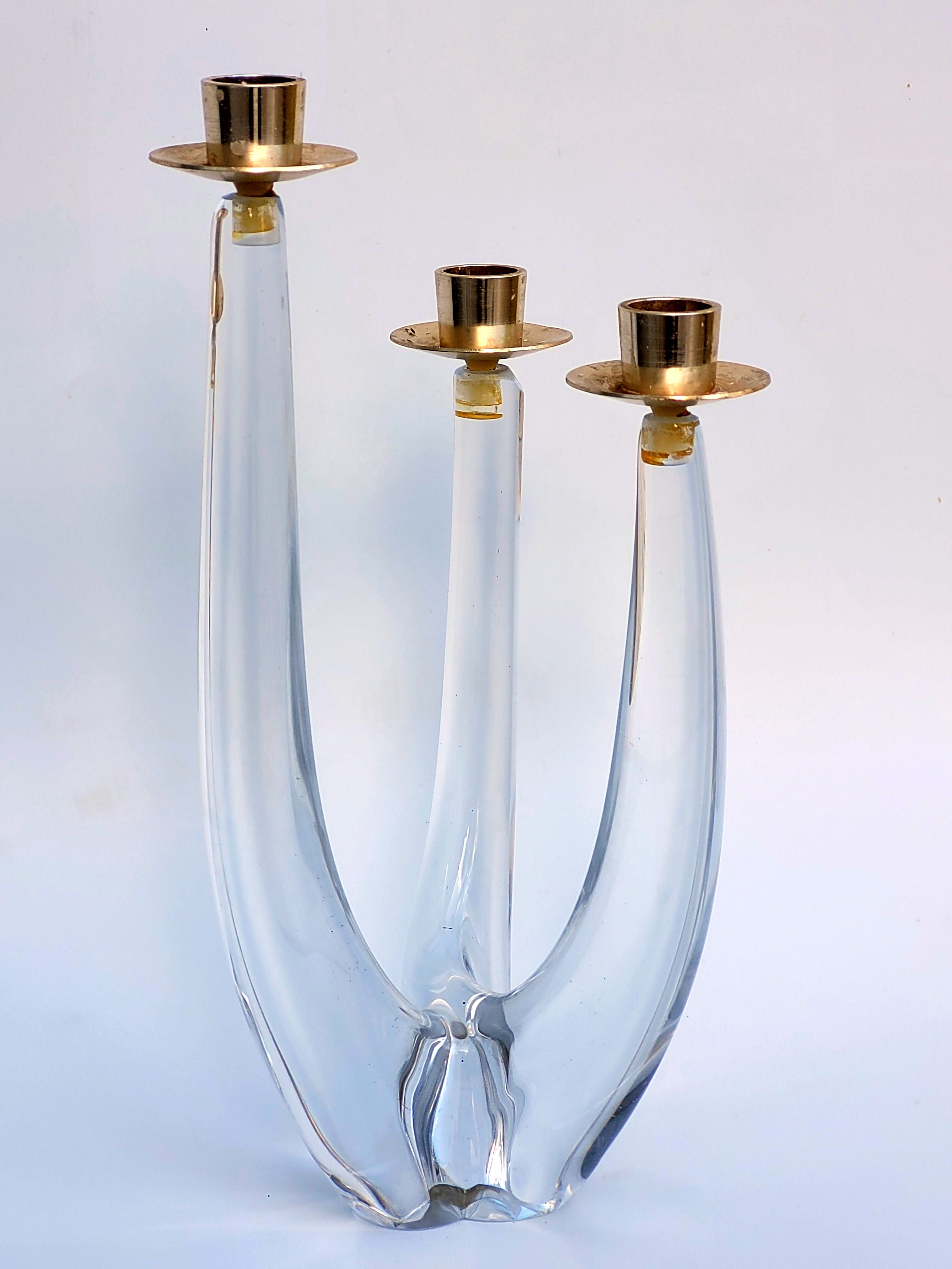 Schneider candle holder in crystal and gilded metal - three lights - 1960s