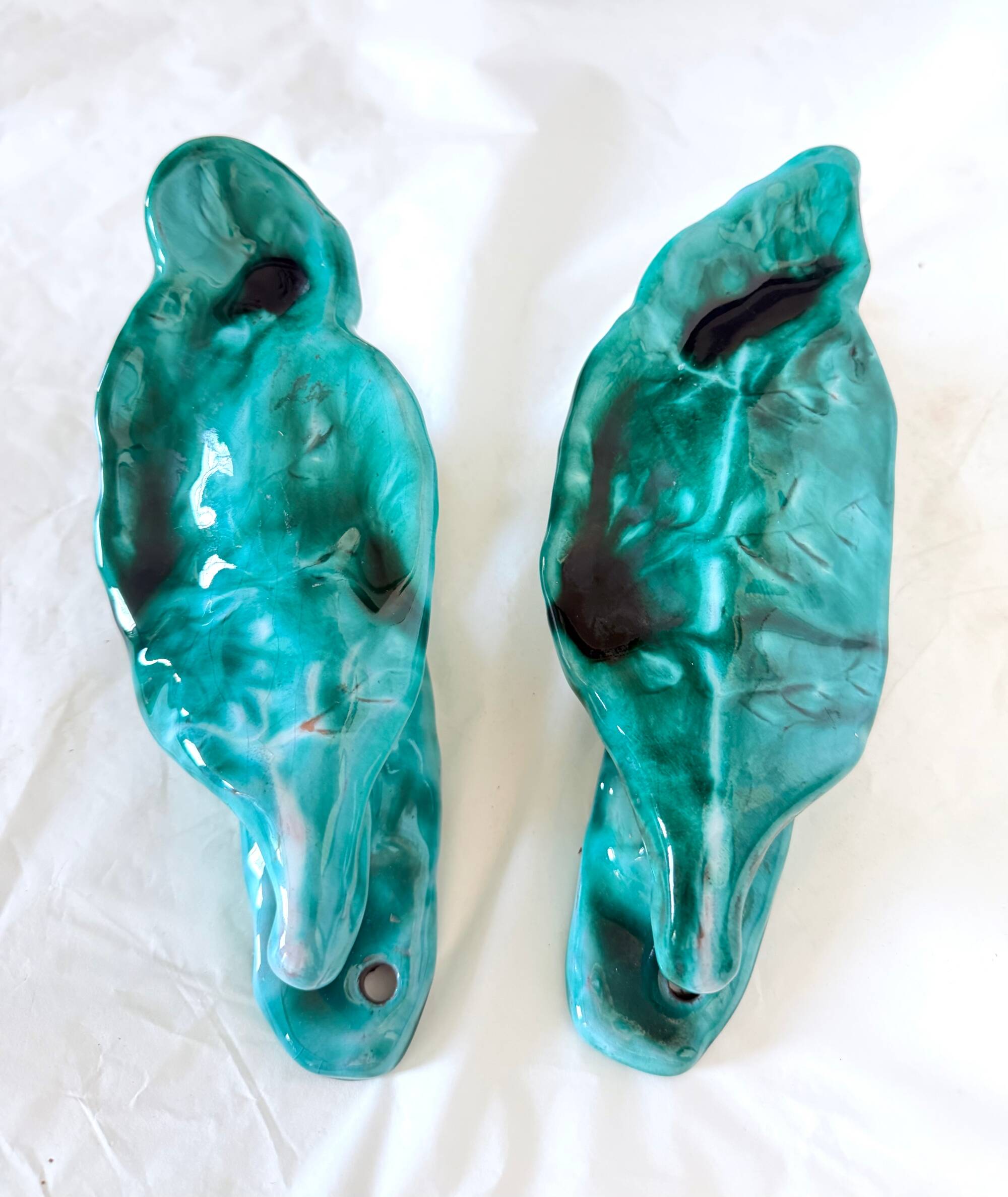 xPair of Handcrafted Teal Enameled Door Handles by Gabbianelli, Albisola, I