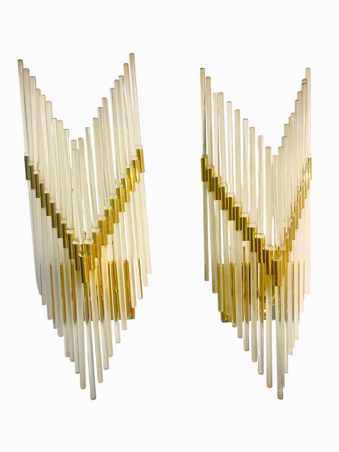 Pair of Murano glass wall lamps with gilded structure, Sciolari, Italy 1970