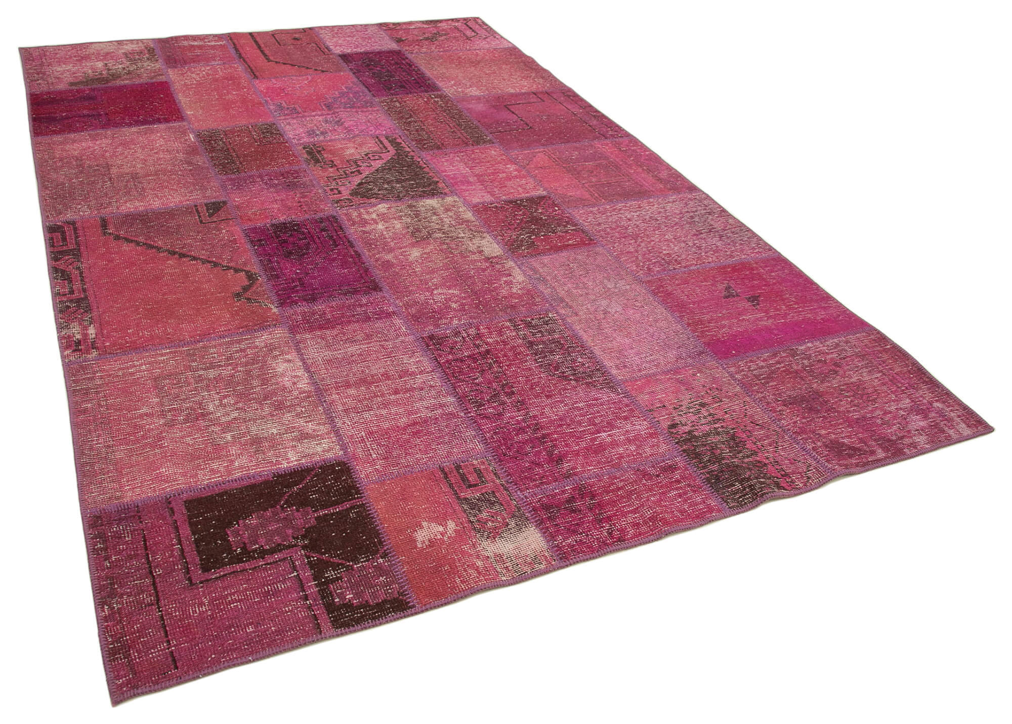 Handwoven oriental overdyed 196 cm x 299 cm pink patchwork carpet