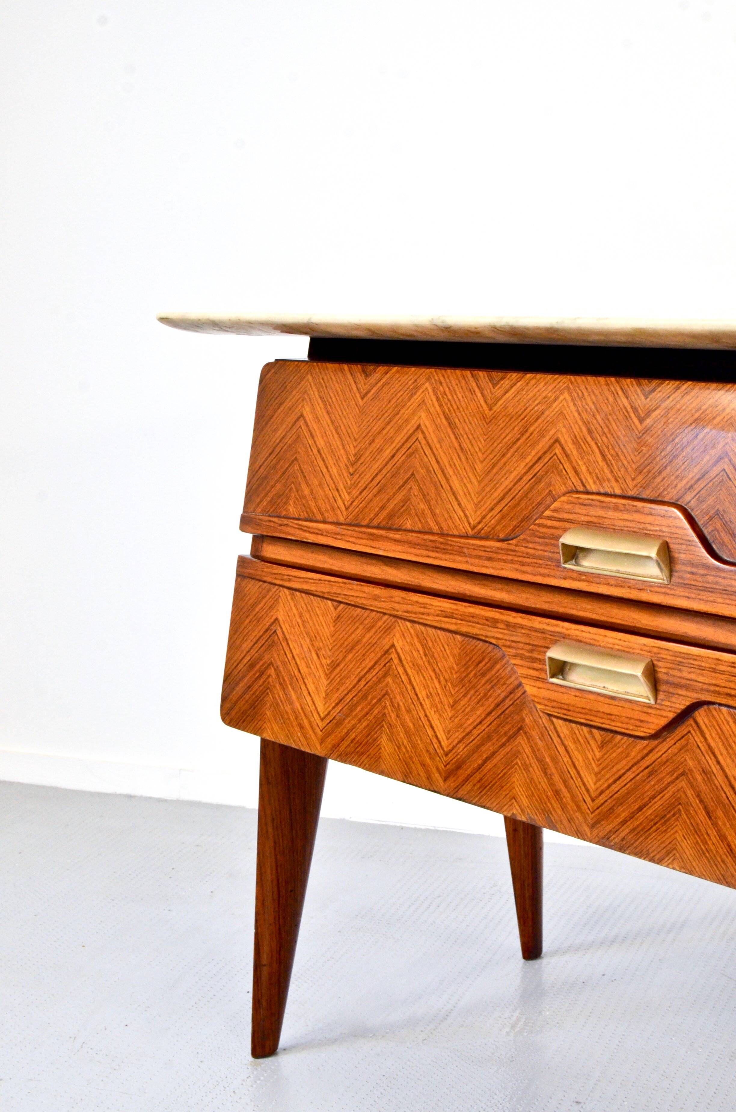 Italian Midcentury Sideboard in Rosewood, Carrara Marble and Brass
