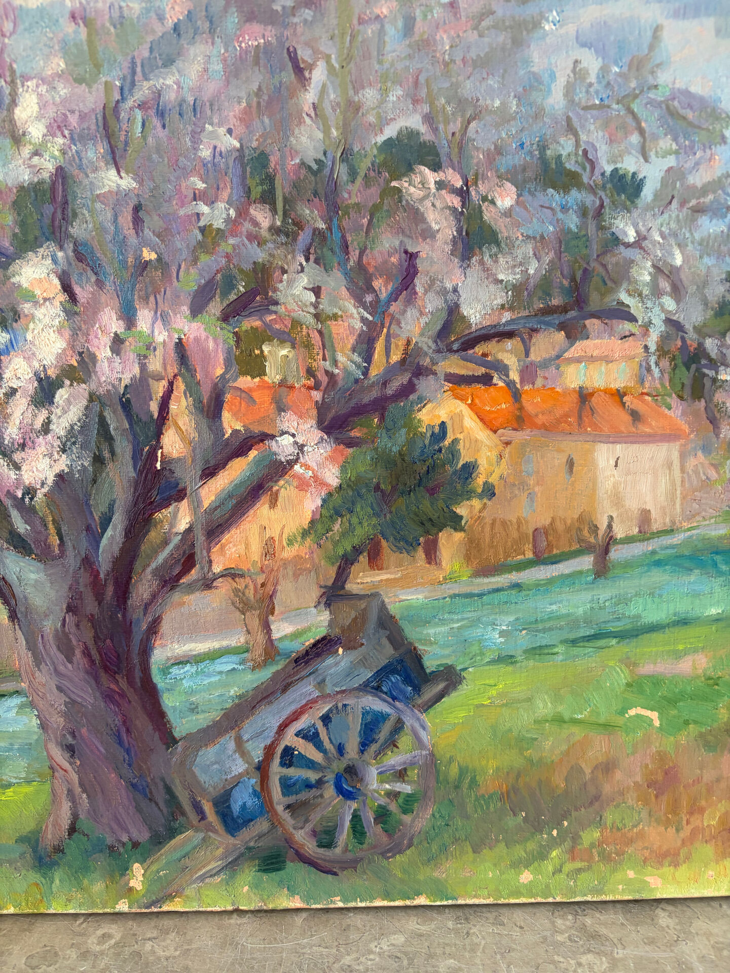 Under the cherry tree in bloom, oil on canvas signed Lacas.