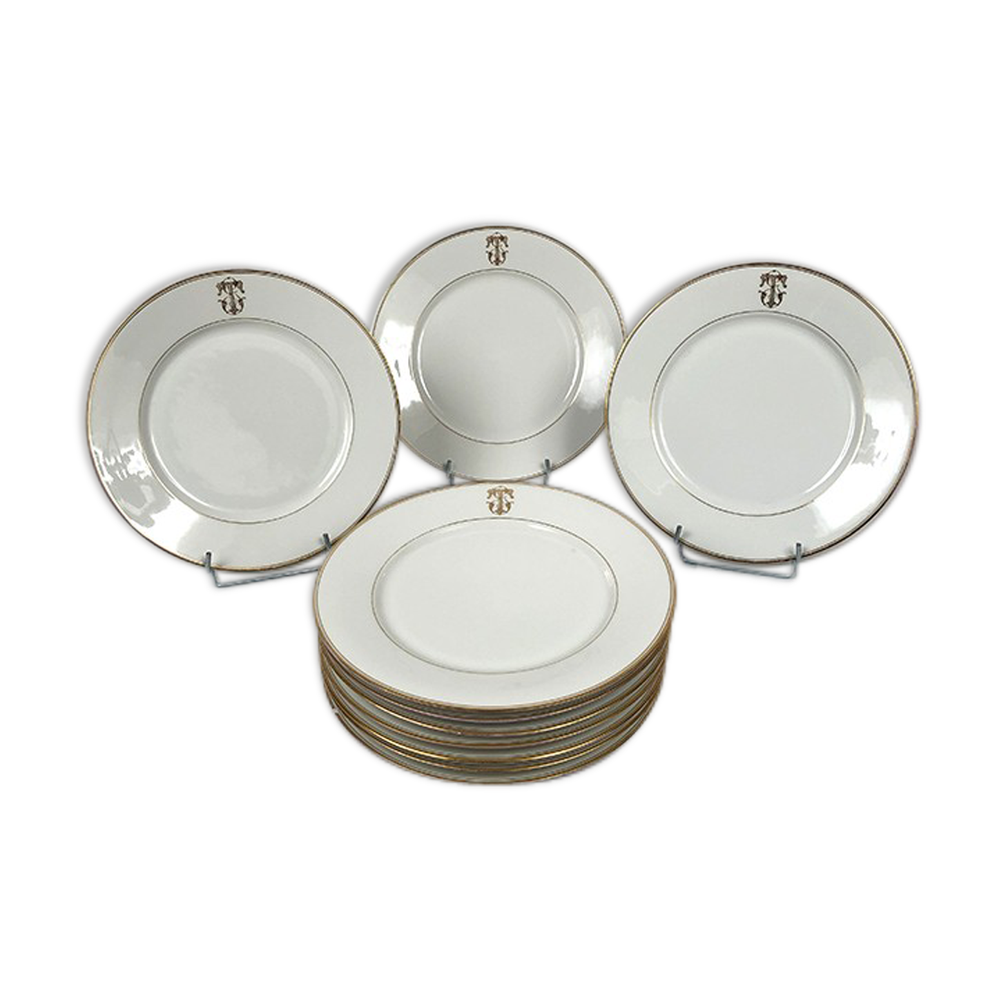 Ensemble de dix assiettes chiffrées 1910, Porcelaine de Limoges, Coiffe Jeune