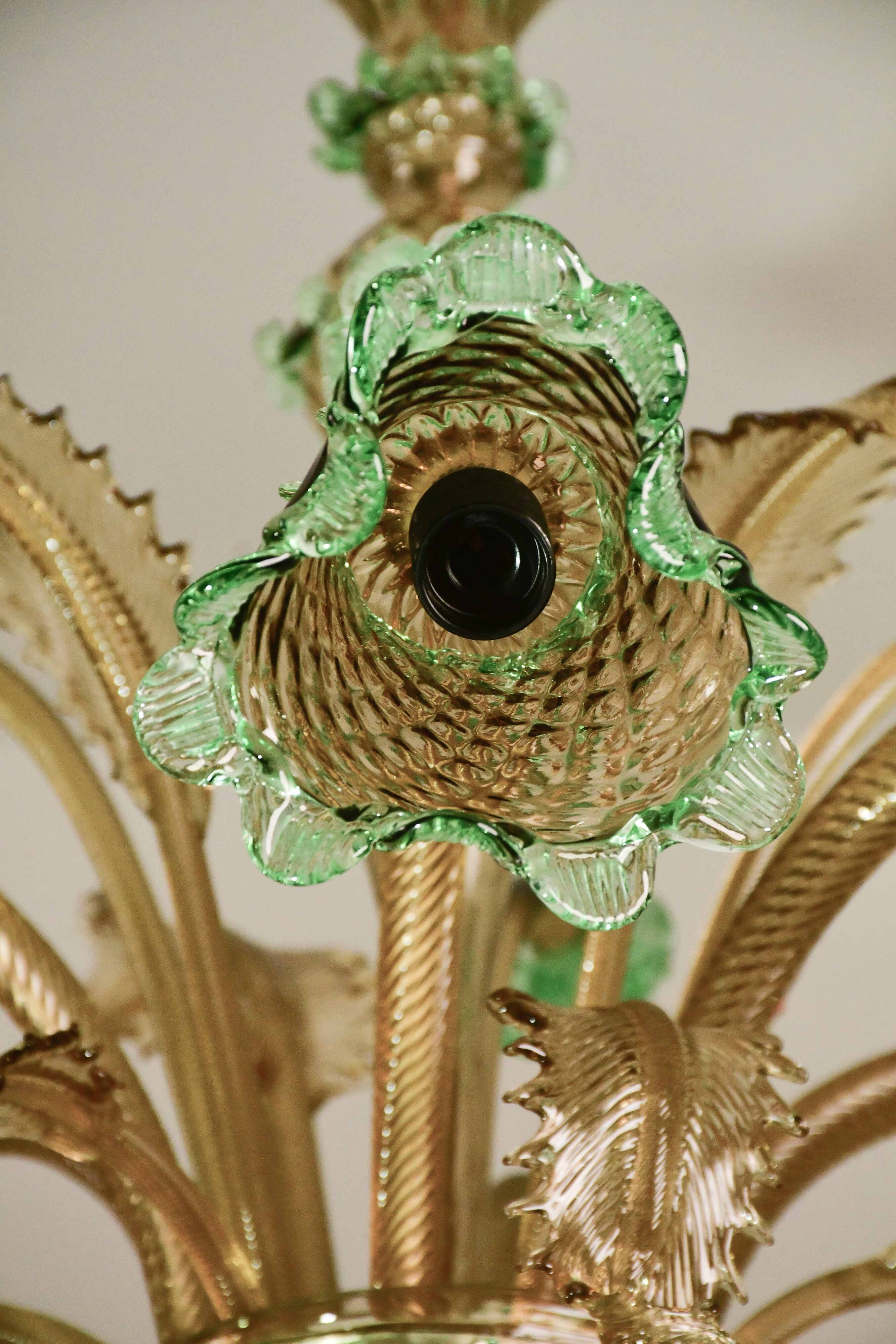 6 arms vintage Venetian chandelier, green Murano glass, 1950s
