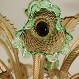 6 arms vintage Venetian chandelier, green Murano glass, 1950s