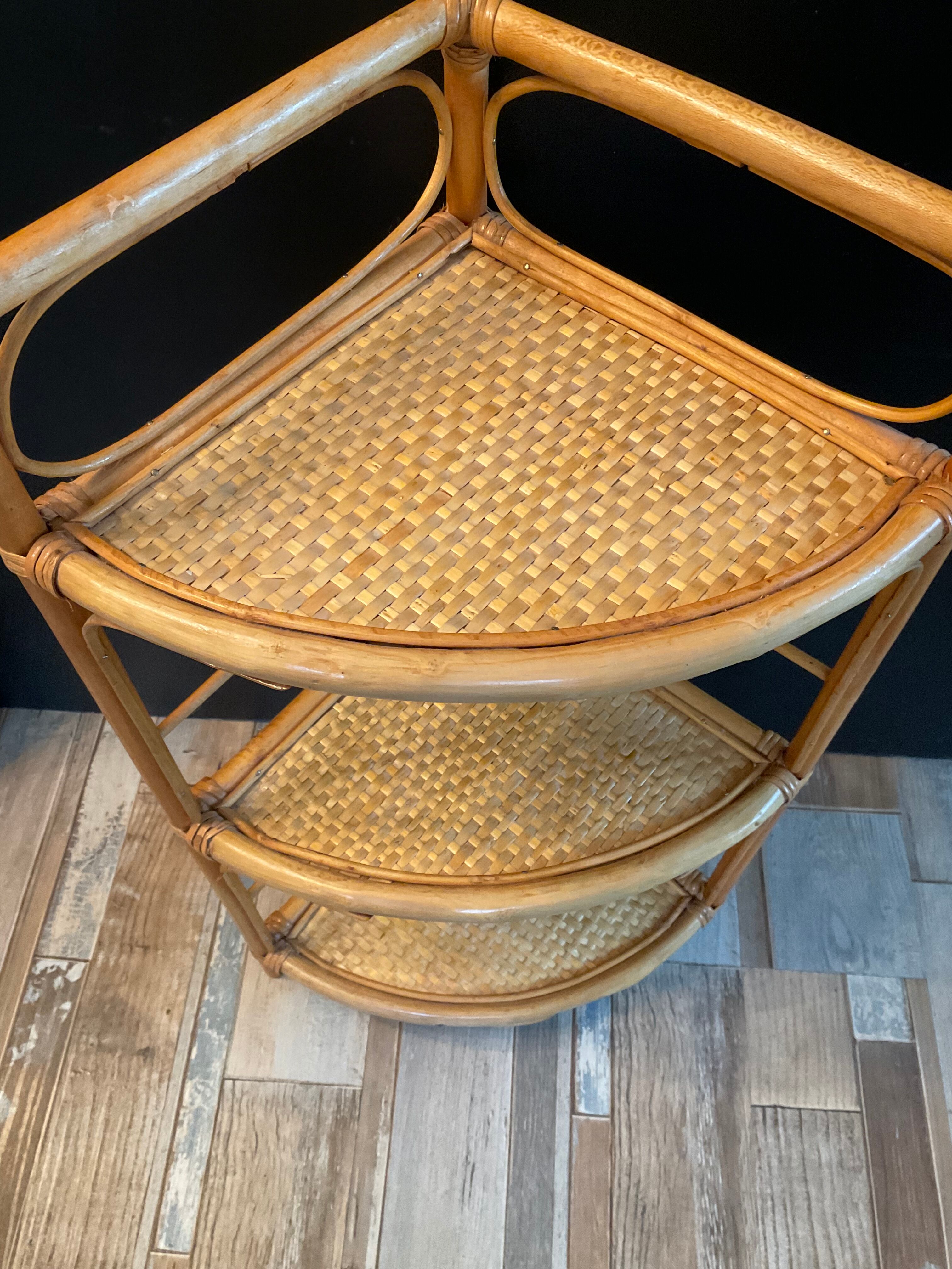 Vintage rattan and wicker corner shelf 70s