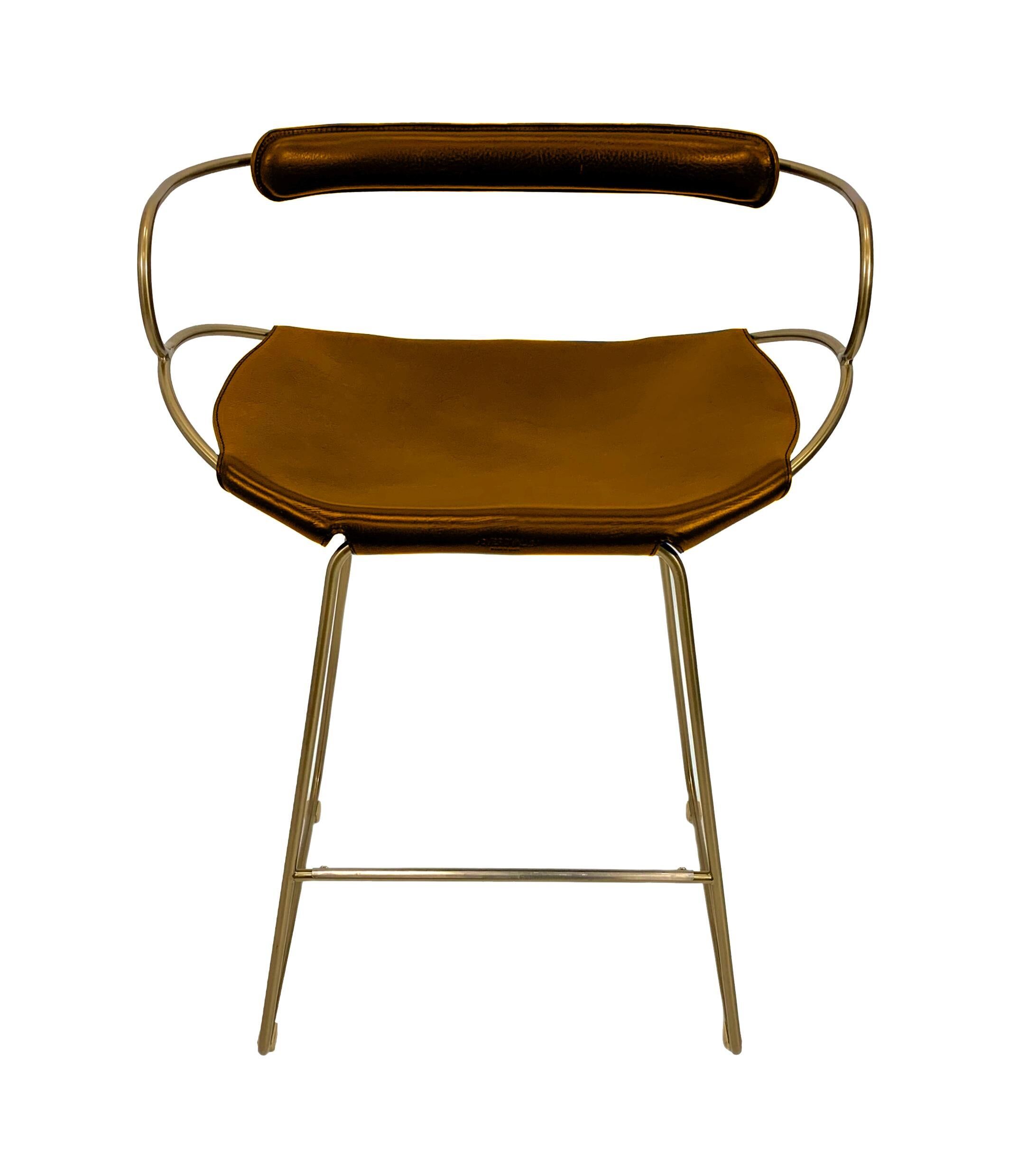 Kitchen Stool with Backrest Brass Steel Natural Tobacco Leather Modern