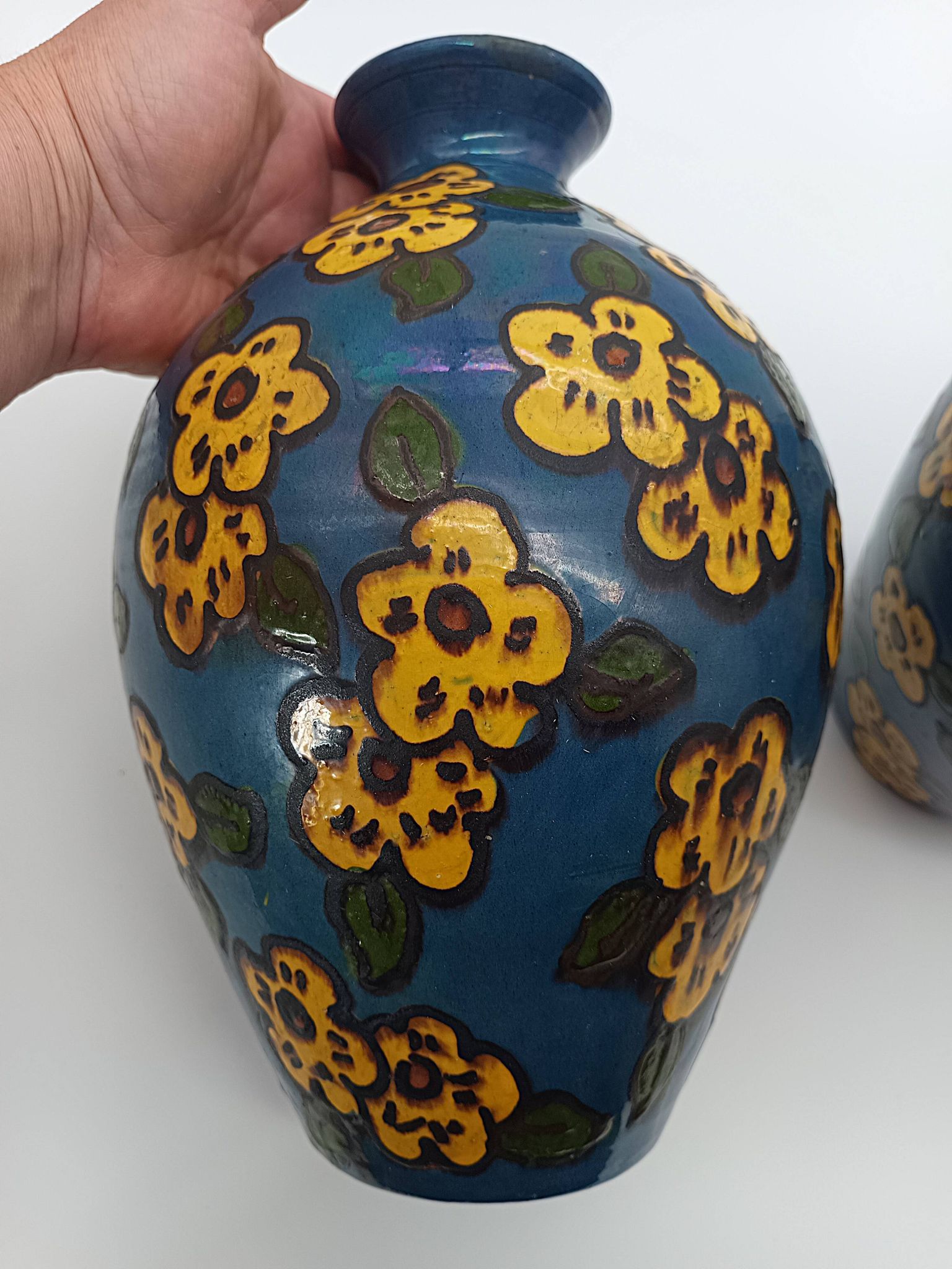 Pair of Large Art Deco Vases Émile Simonod H28cm Glazed Ceramic Blue