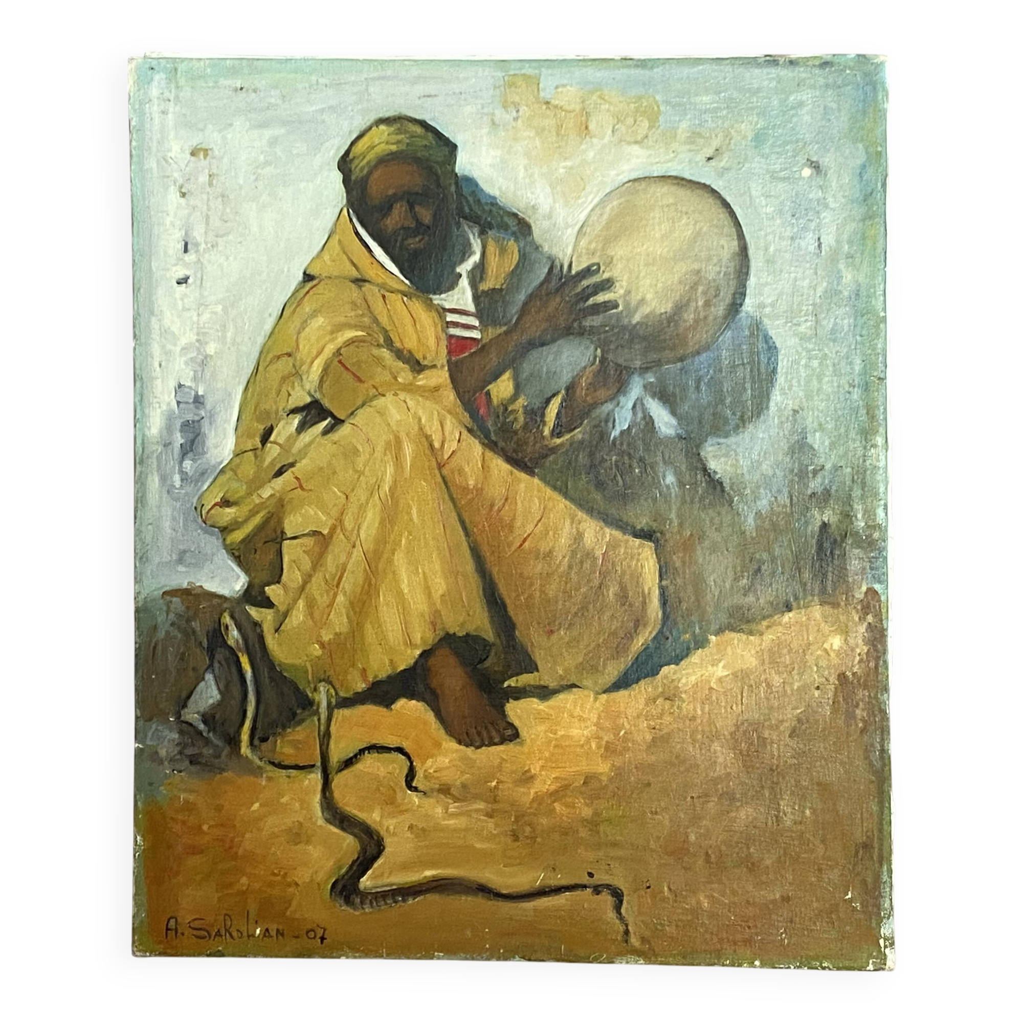 Orientalist oil on canvas. The snake charmer. 55x46.