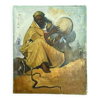 Orientalist oil on canvas. The snake charmer. 55x46.