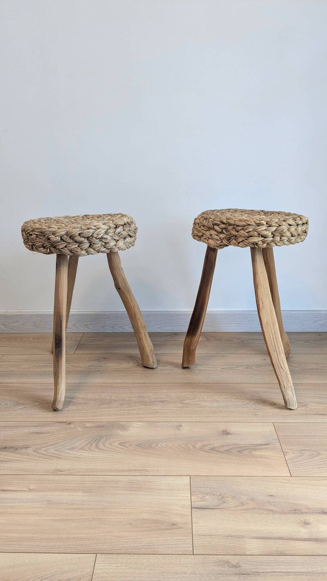 Pair of brutalist tripod stools attributed to Audoux & Minet.