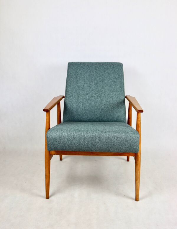 Fauteuil 'Lis', années 1970, tweed turquoise par Henryk Lis - bois de hêtre naturel