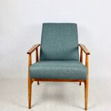 Armchair 'Lis', 1970s turquoise tweed by Henryk Lis - natural beech wood