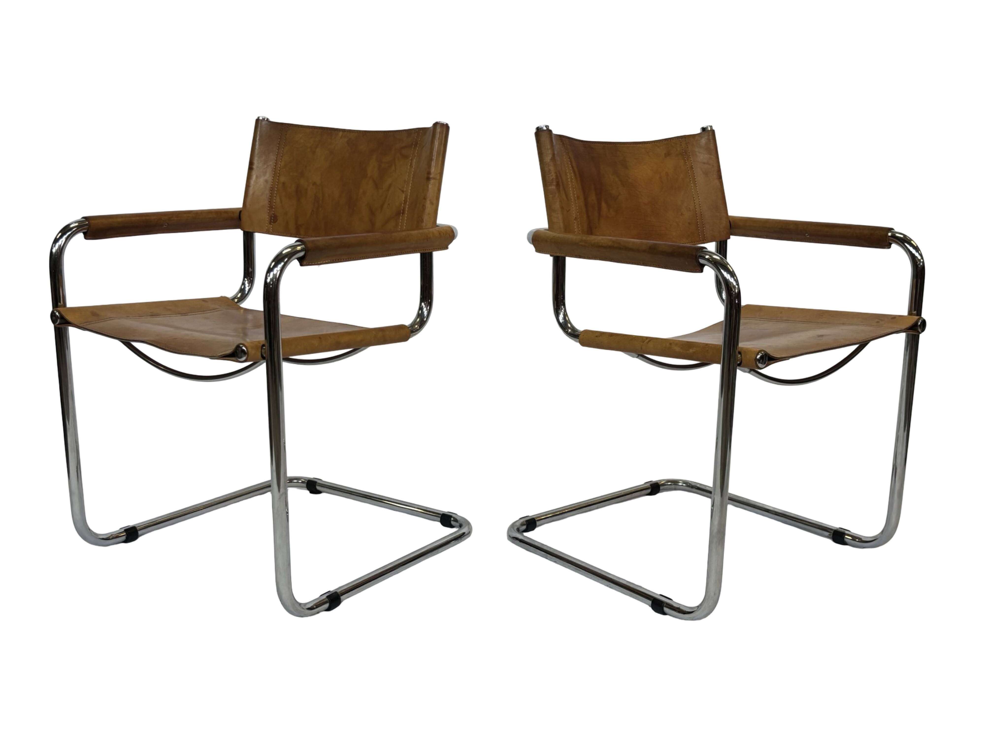 Ensemble de quatre fauteuils de salle à manger FASEM S34 en cuir Cognac par Mart Stam années 80