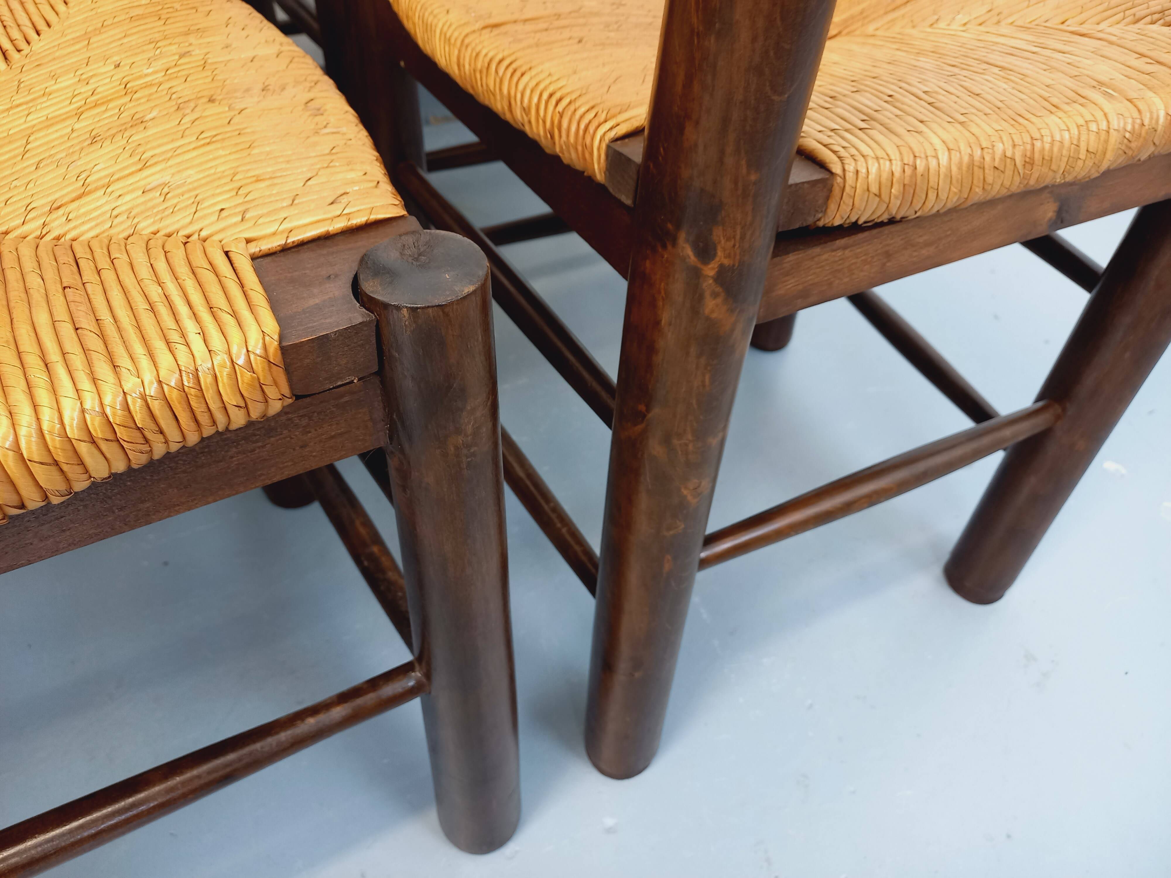 Set of 6 vintage brutalist chairs by Georges Robert in straw wood from the 1960s.
