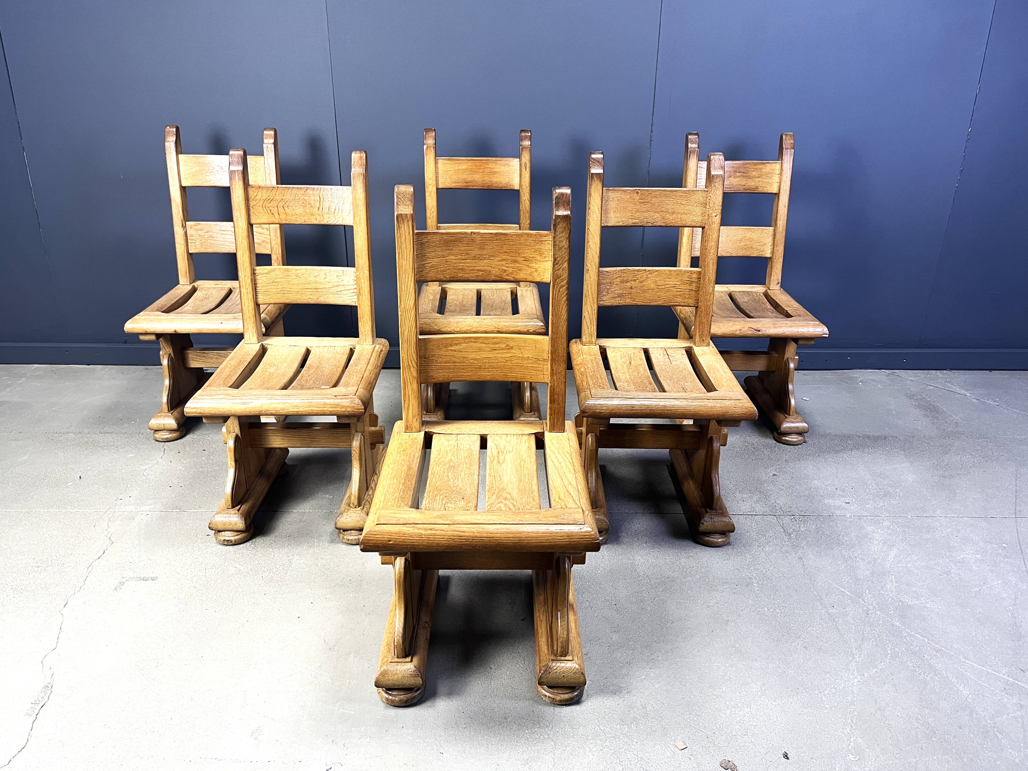 Solid oak brutalist dining chairs, 1960s
