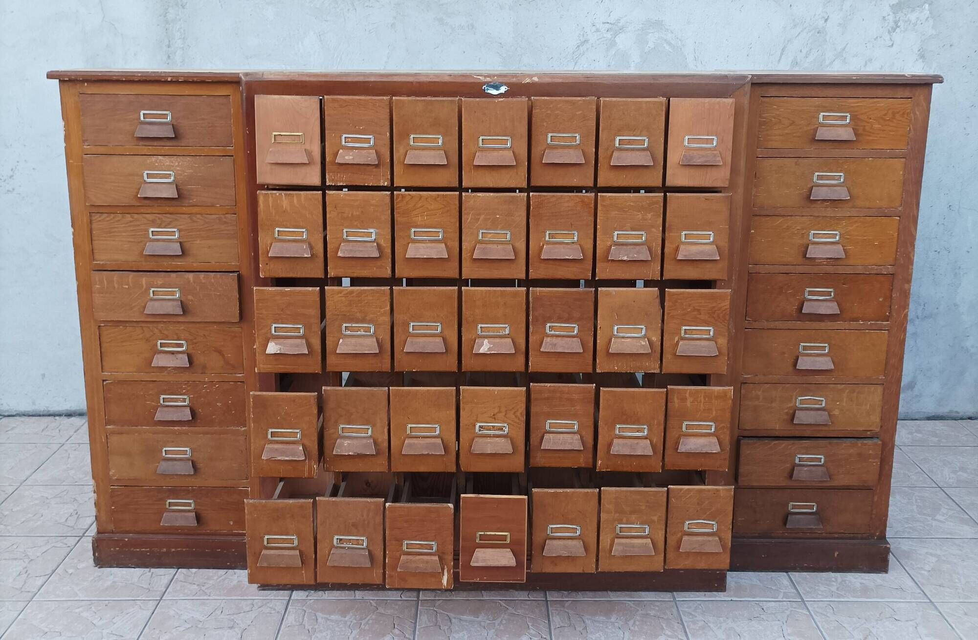 Apothecary or trade cabinet in fir with 53 drawers.