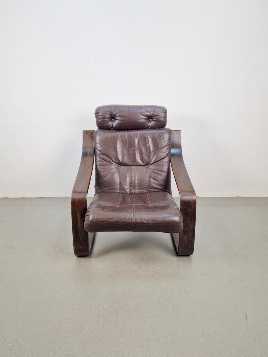 Vintage Armchair in Brown Leather and Bentwood attributed to Coja, 1970s