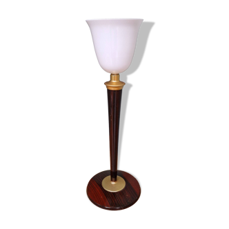 Art Deco Mazda lamp in wood/brass and white opaline