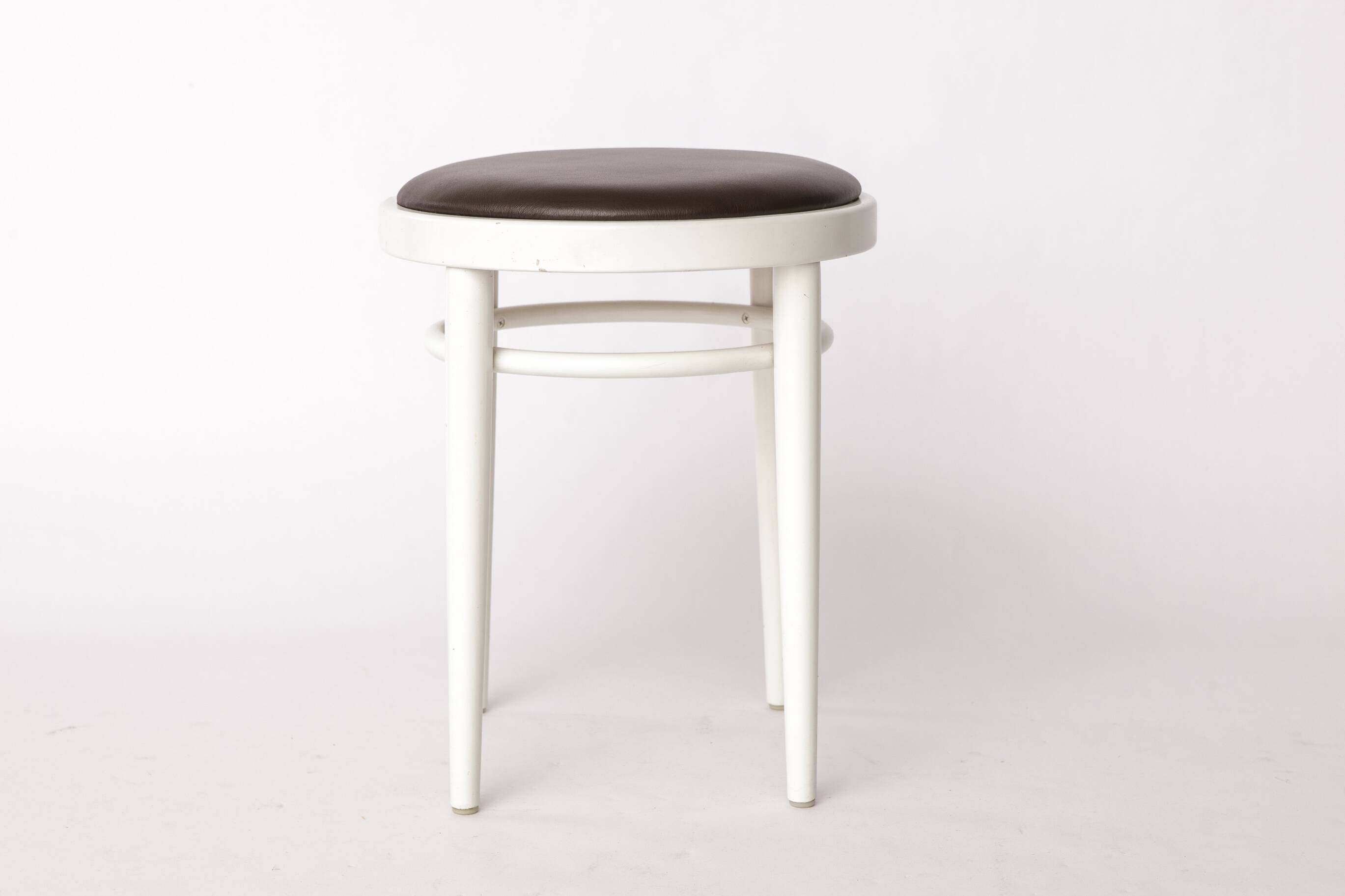 Vintage Thonet Stool – White Lacquered Wood & Brown Leather – 1990s–2000s