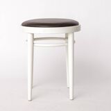 Vintage Thonet Stool – White Lacquered Wood & Brown Leather – 1990s–2000s