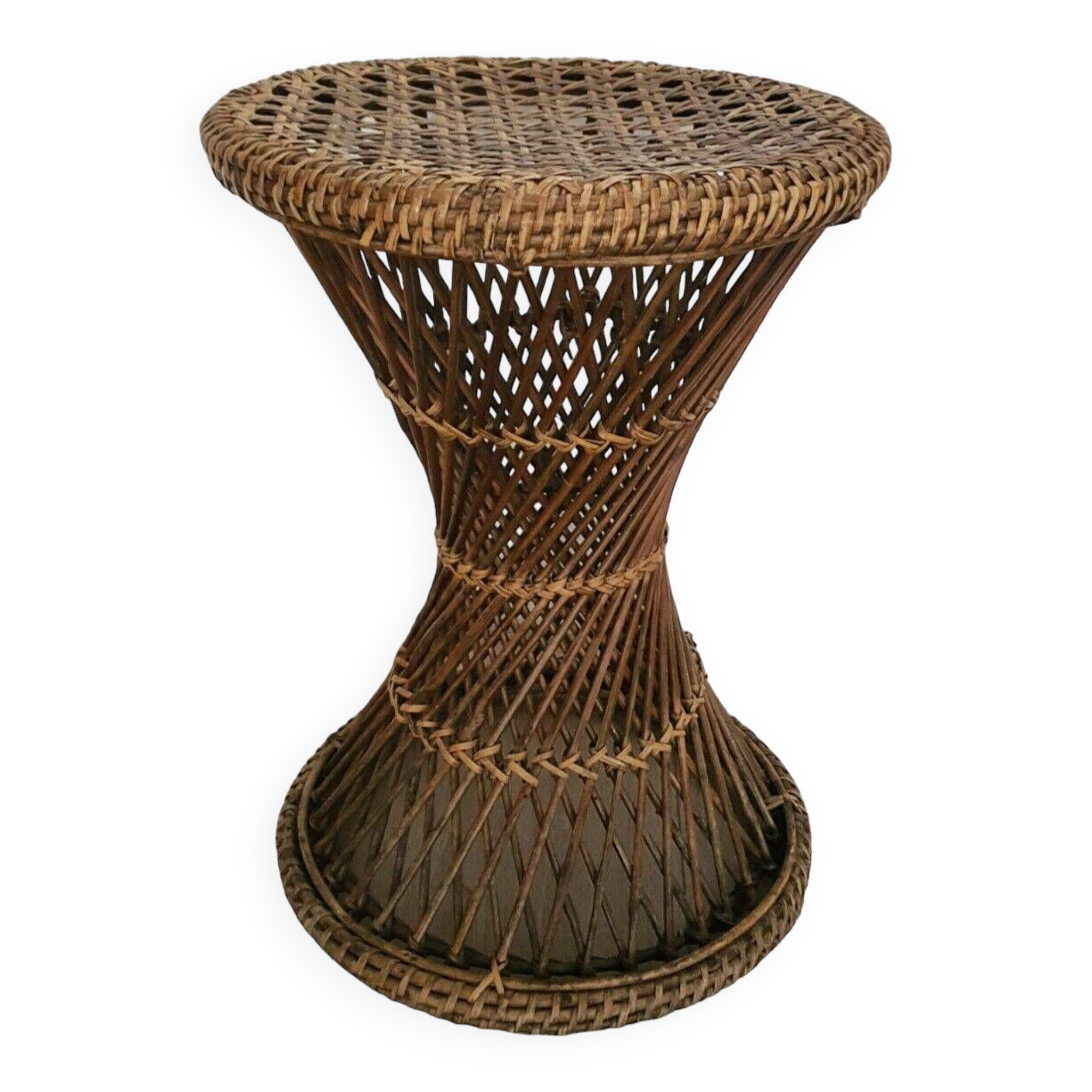 Old Diabolo Stool In Woven Rattan Year 60-70 Vintage Decoration
