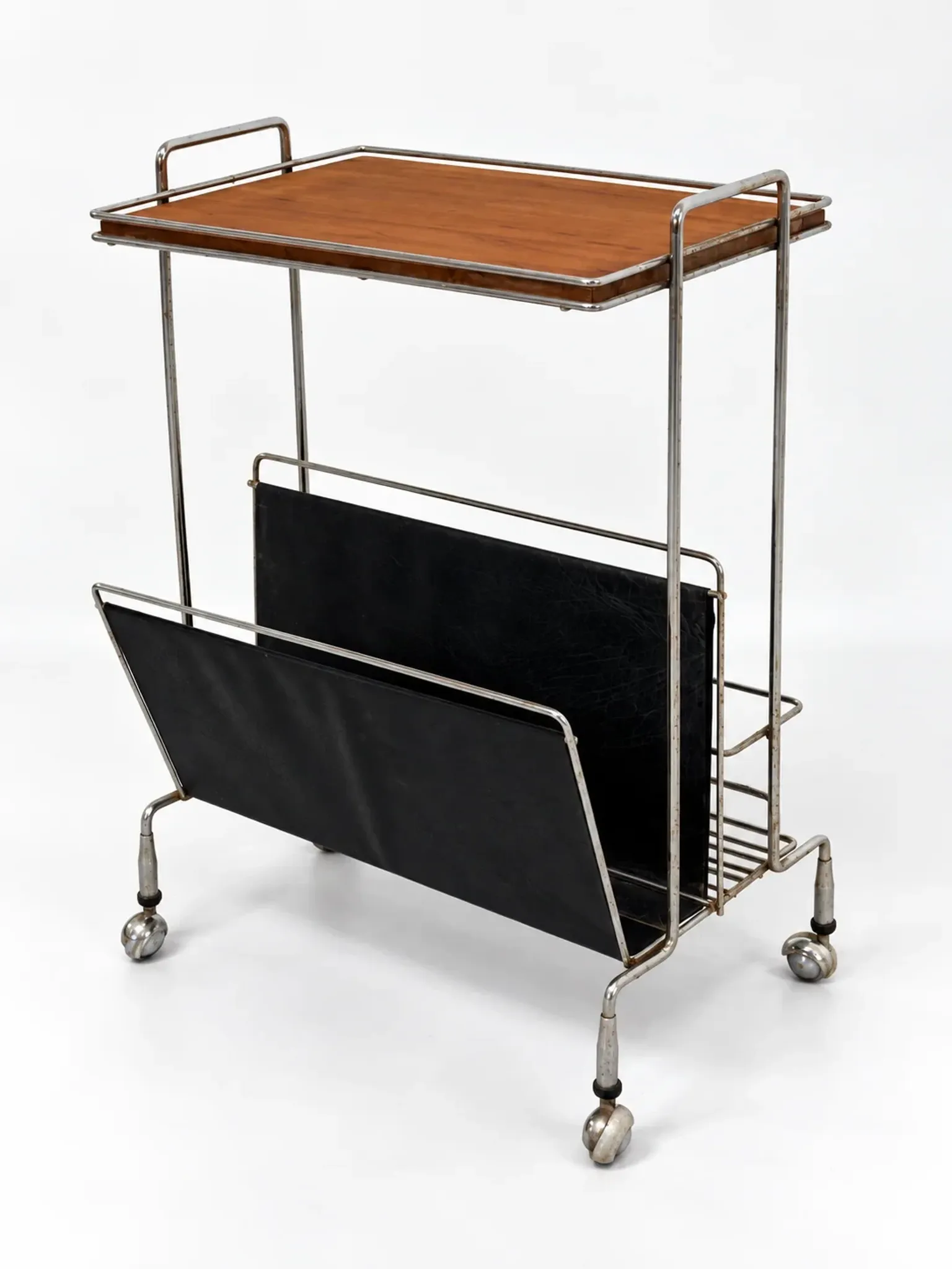 Mid-Century chrome and wood bar cabinet with magazine rack