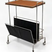 Mid-Century chrome and wood bar cabinet with magazine rack