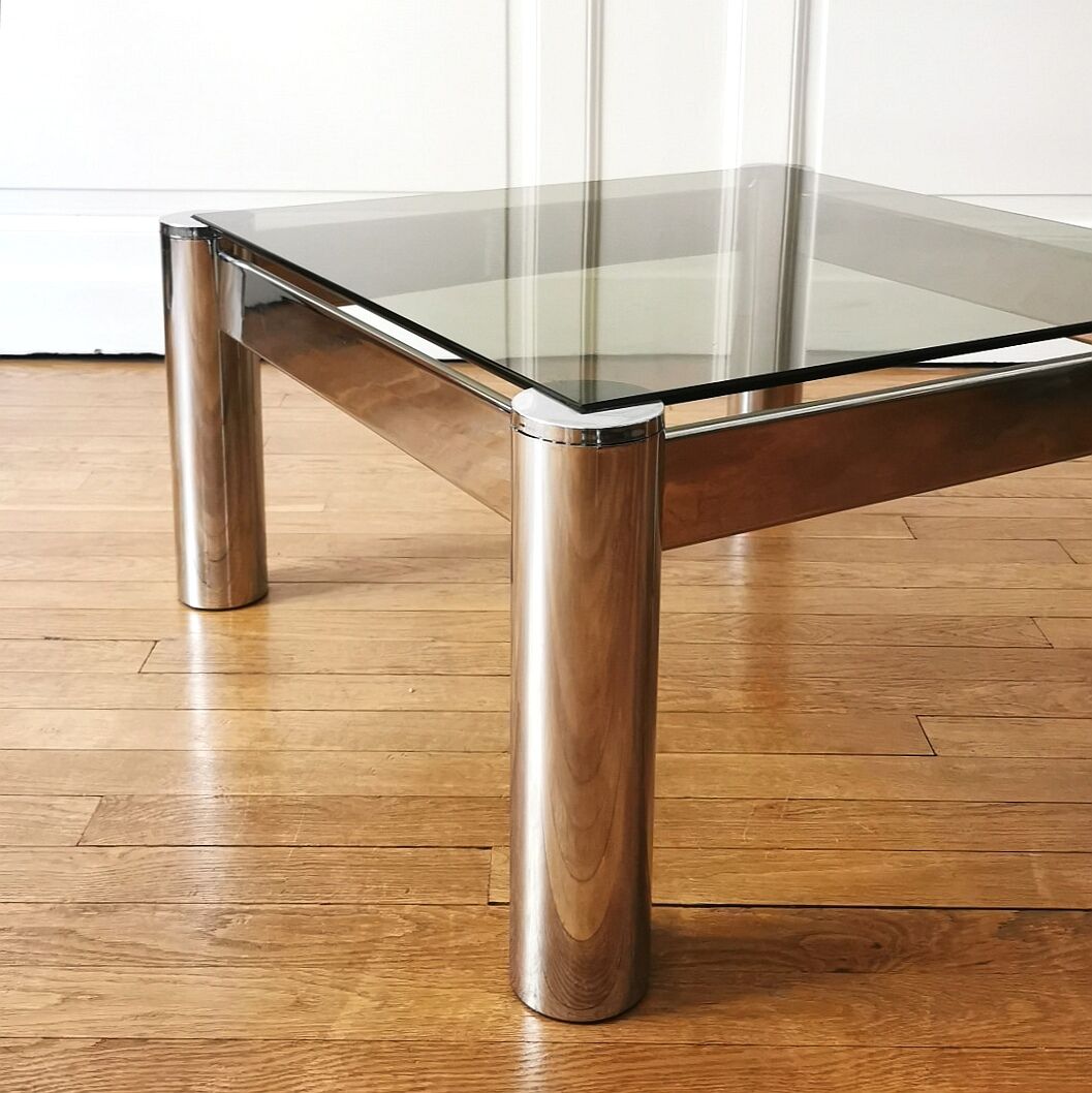 Square chrome and smoked glass coffee table, 1970
