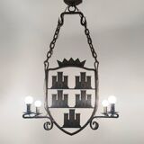 Medieval style heraldic wrought iron chandelier