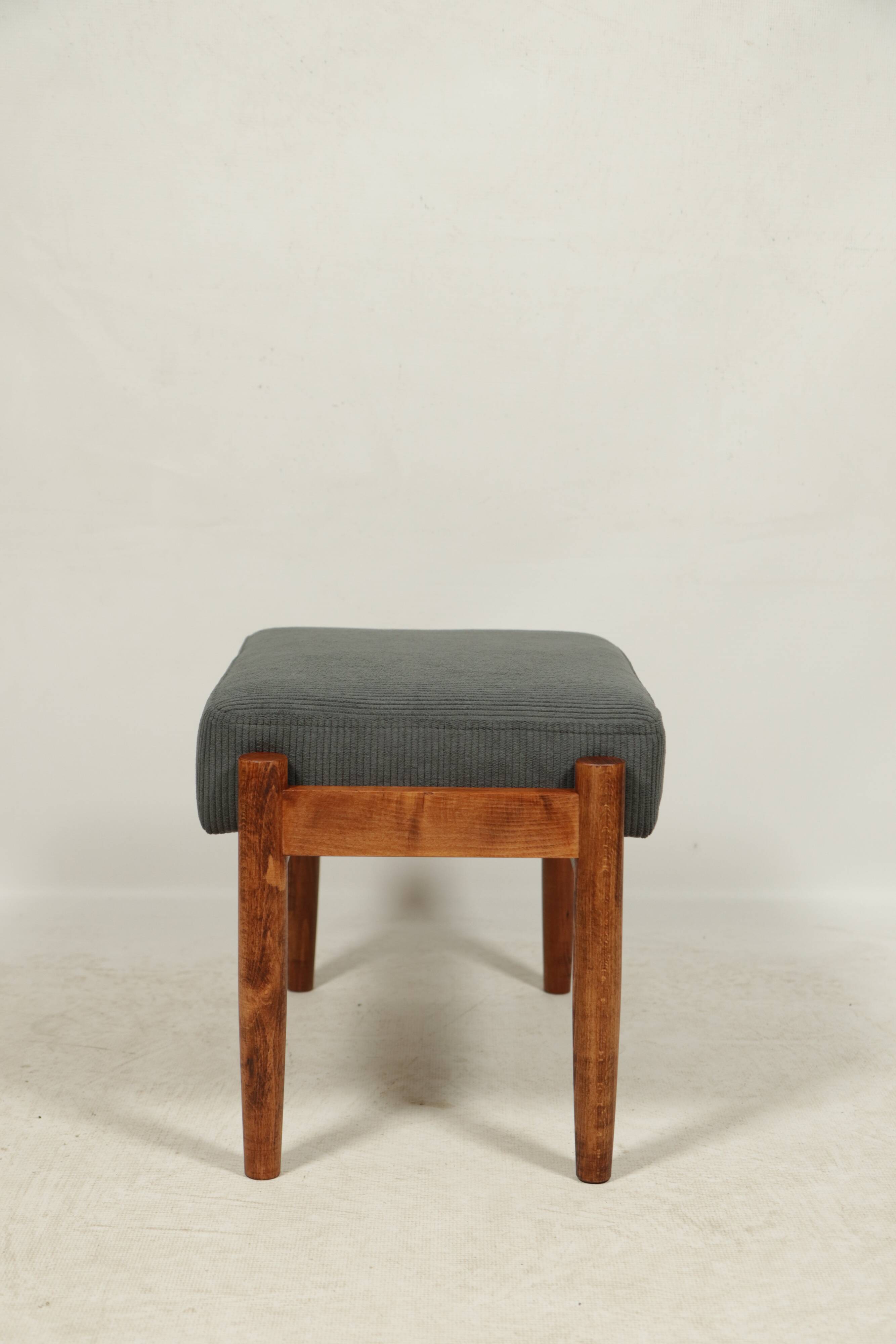Footrest in vintage style, wooden pouffe, corduroy fabric , Graphite upholstery