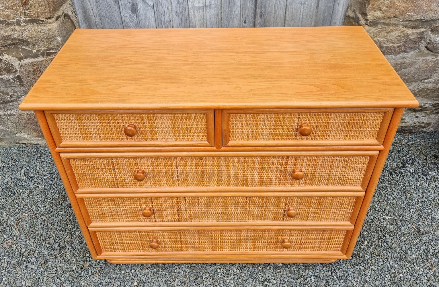 Commode Maugrion for Roche Bobois, wood and rattan, 80s