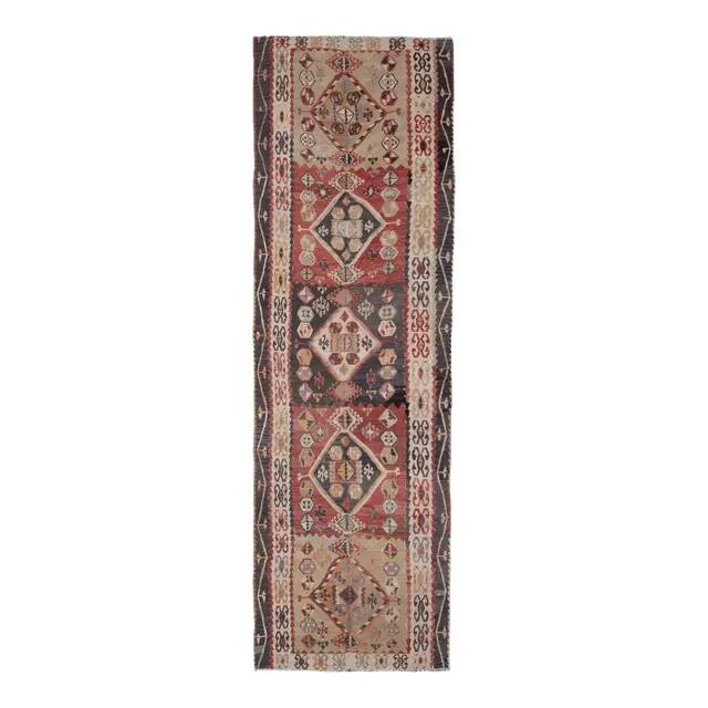 1970s Turkish Oushak Handmade Wool Cotton Red Runner Rug 131x354