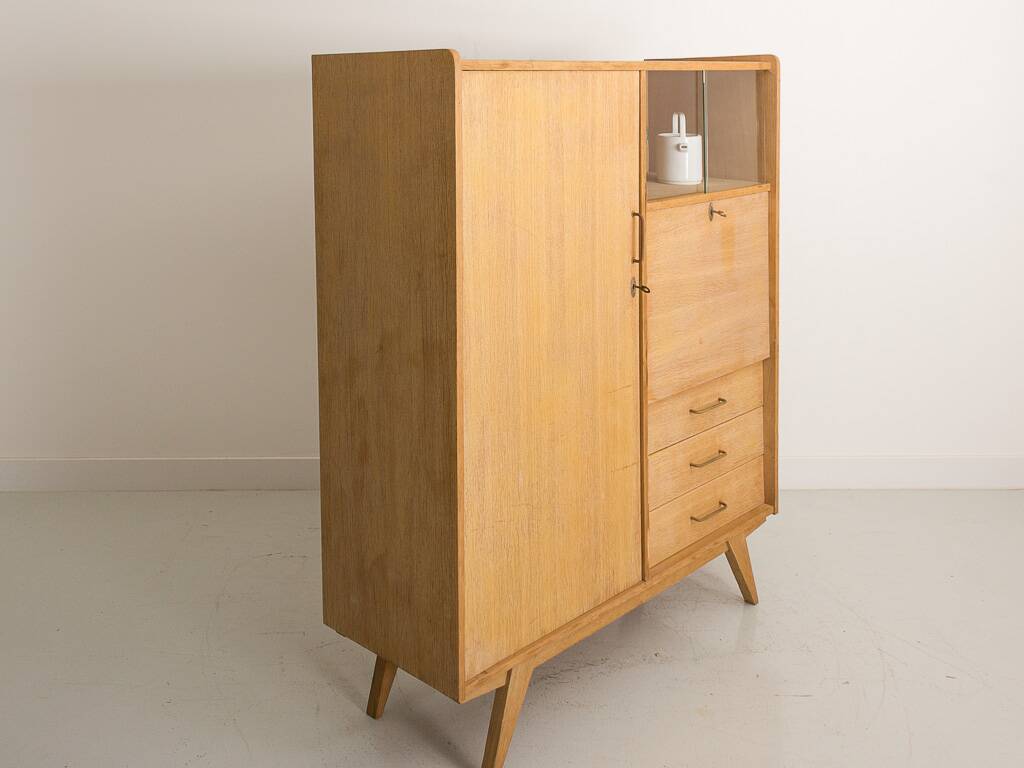 Oak desk cabinet with wardrobe space and fully pickled showcase, circa 60