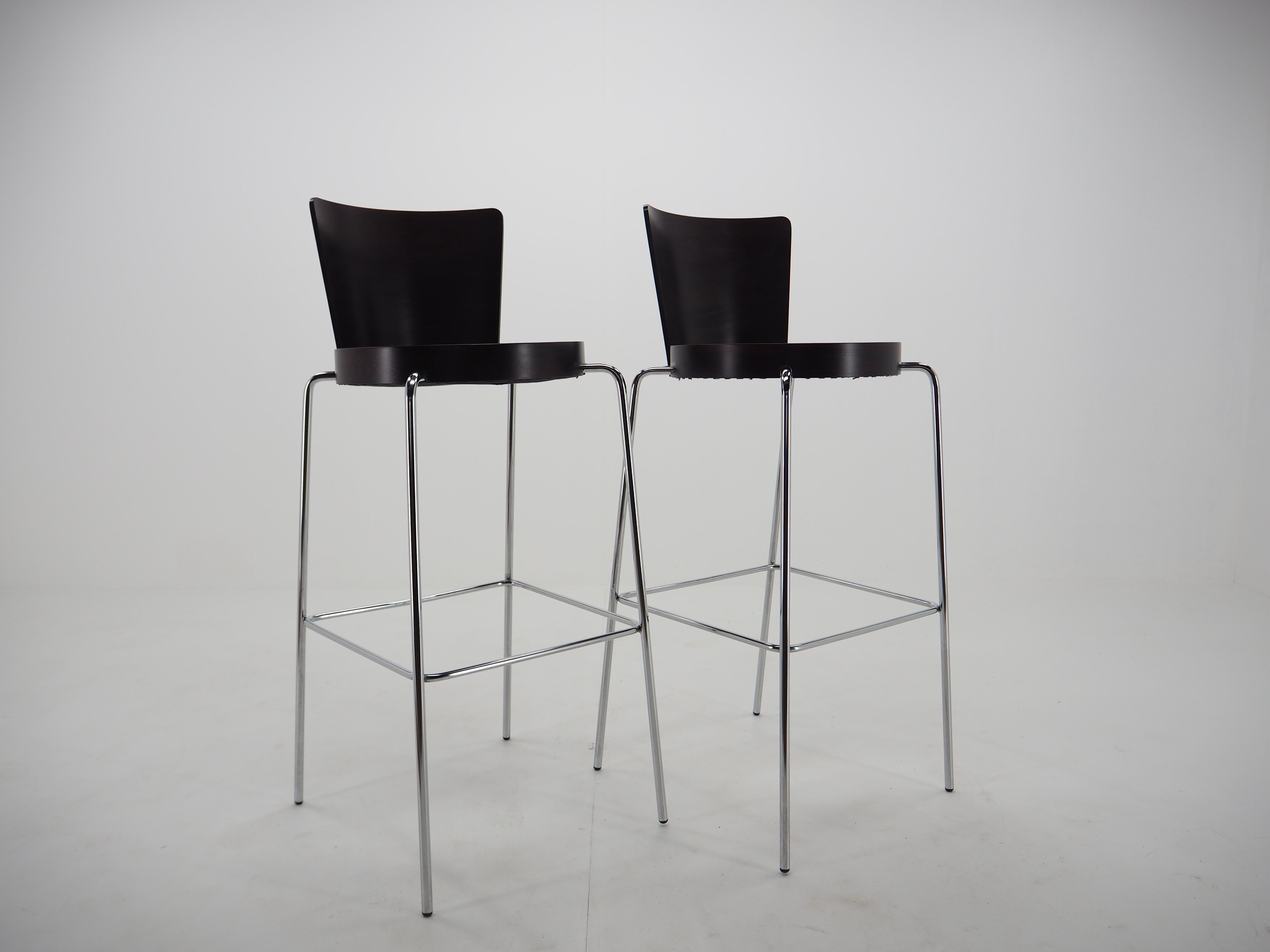 Midcentury chrome and wood bar stools by Ton, Czechoslovakia, 1980s