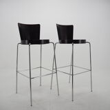 Midcentury chrome and wood bar stools by Ton, Czechoslovakia, 1980s