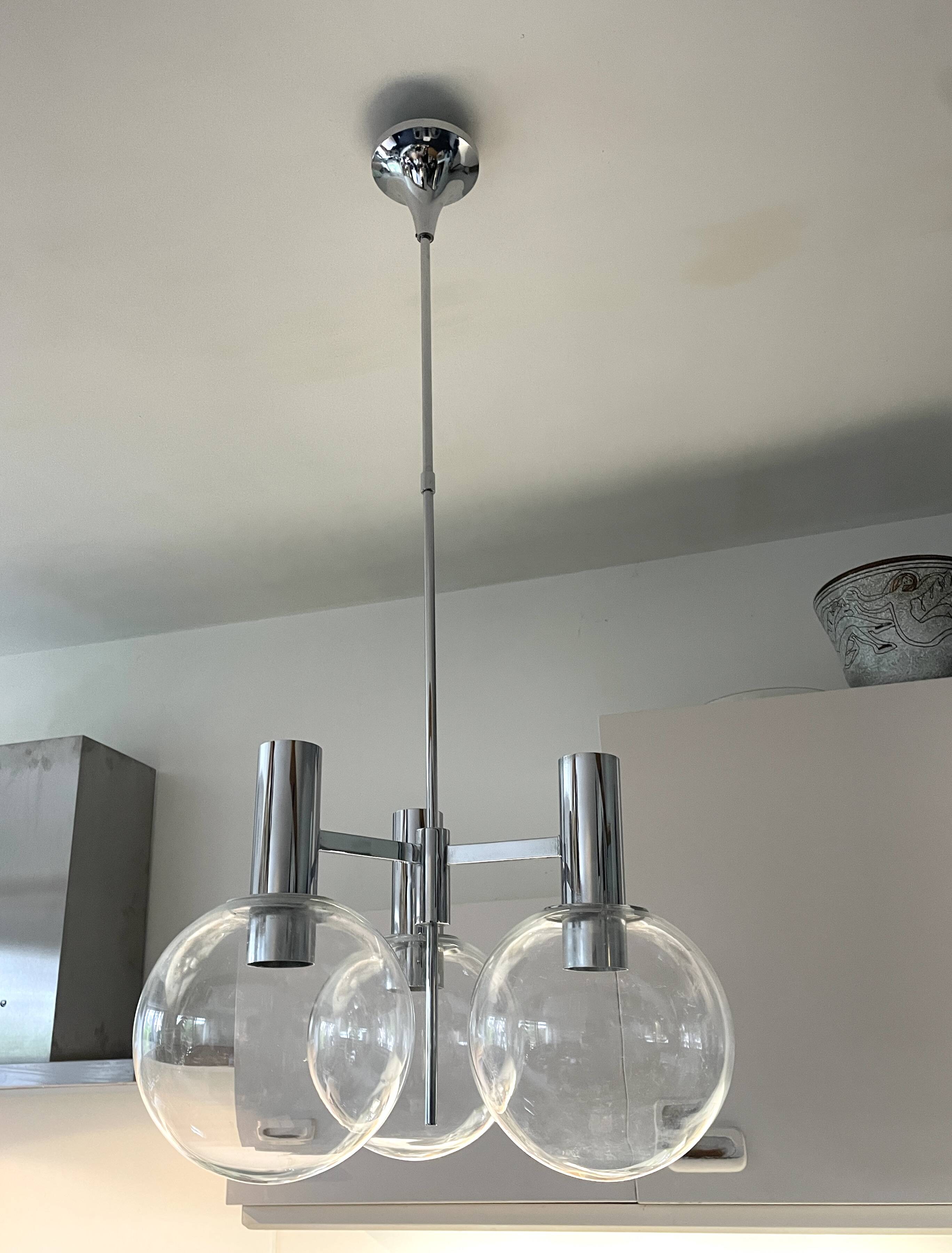 Kaiser Germany, chrome chandelier / suspension with 3 lights, glass balls. 1960