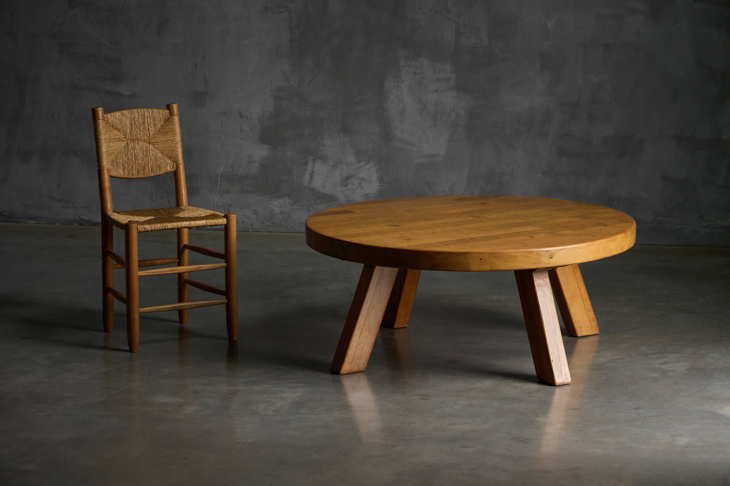 Brutalist Round Coffee Table in Solid Wood, France, 1960s