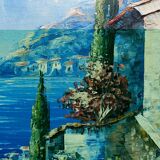 Table hst "mediterranean navy" signed + frame (xx°) cypress sailboats