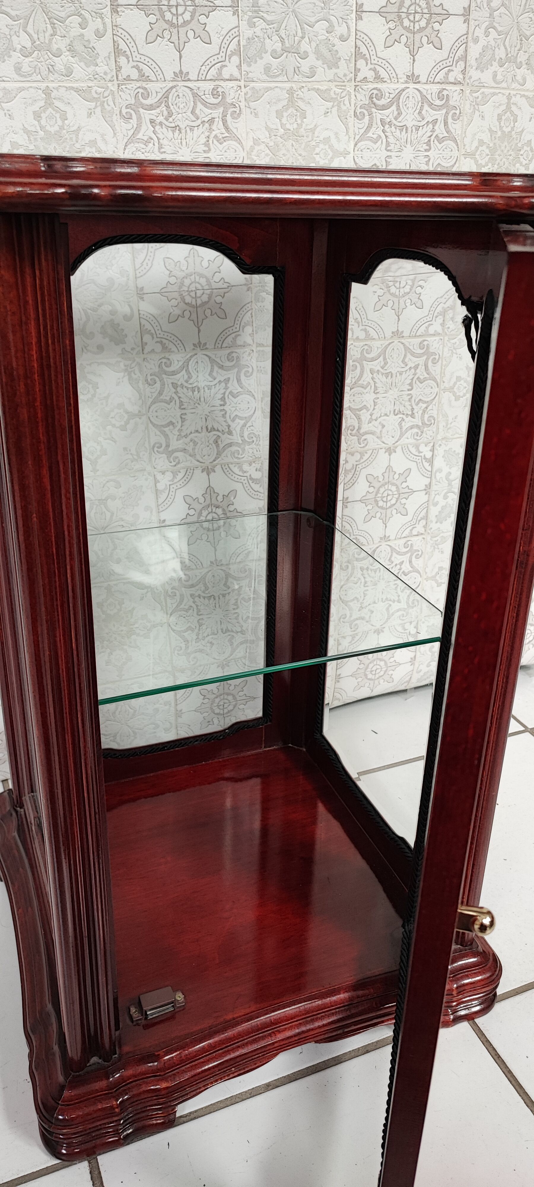 Showcase low glass beveled exotic wood