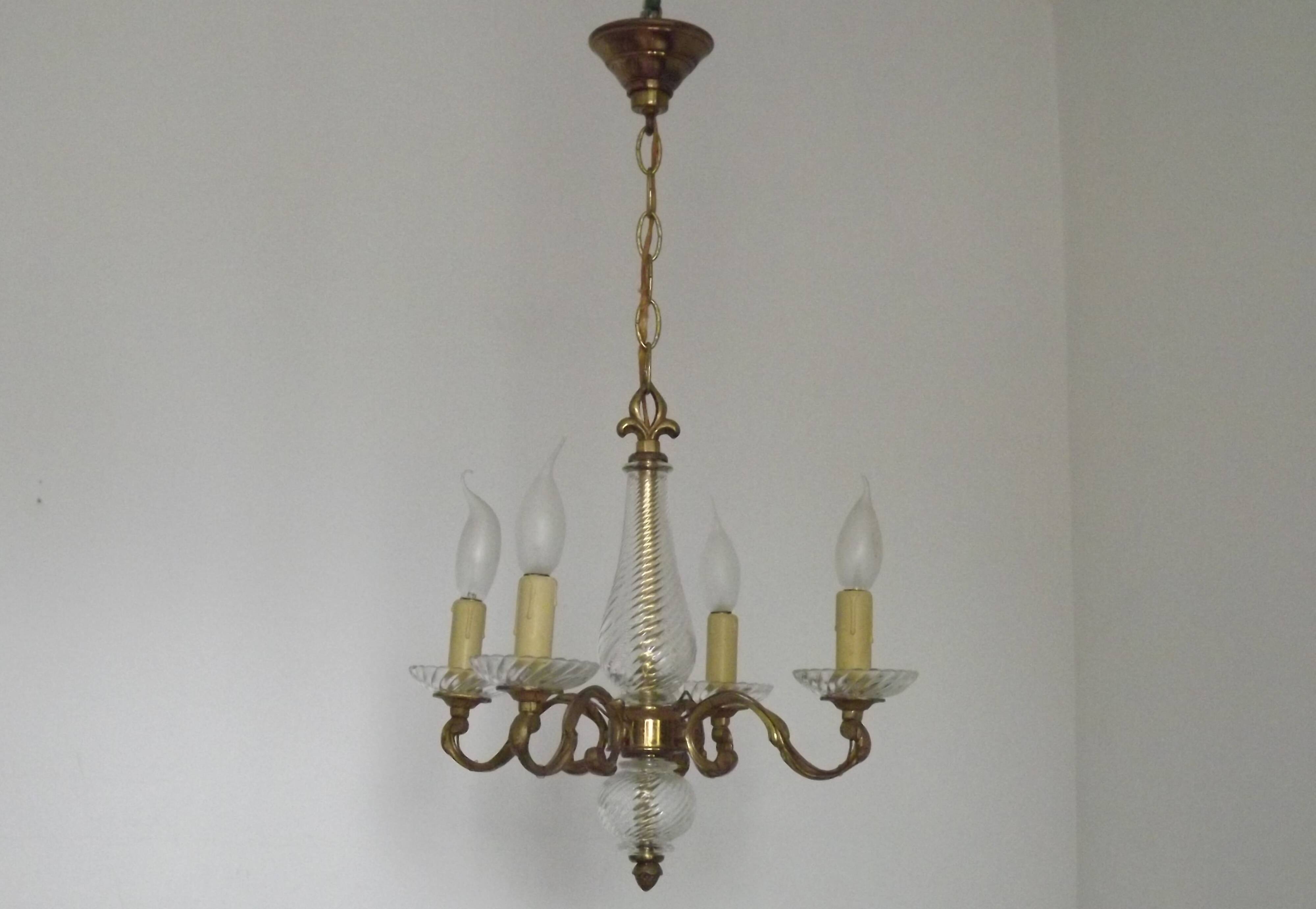 Mid-Century Bronze & Cut Glass 4-Light Chandelier with Fleur-de-Lys Detail