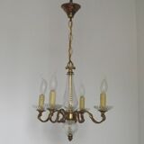 Mid-Century Bronze & Cut Glass 4-Light Chandelier with Fleur-de-Lys Detail