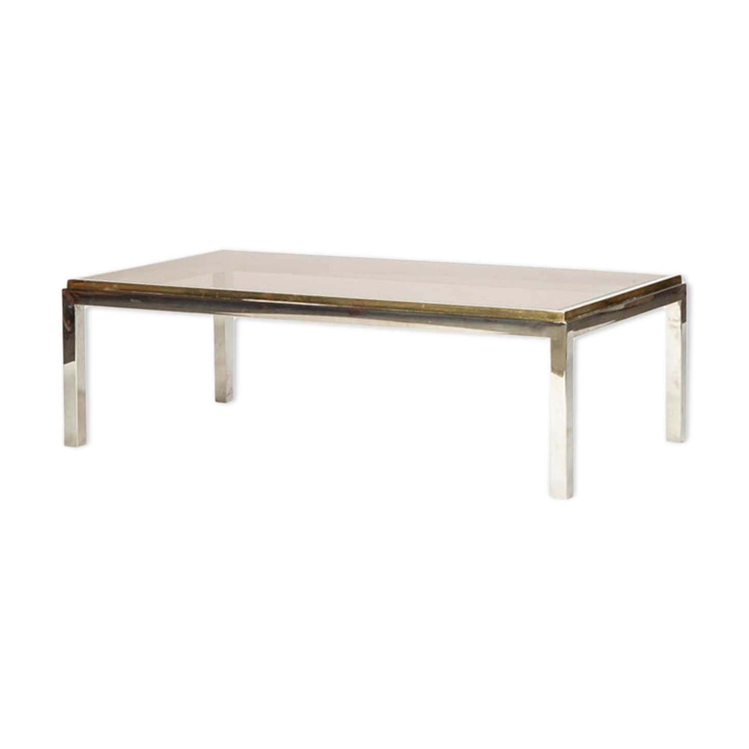 Table basse vintage en verre, laiton et chrome années 70