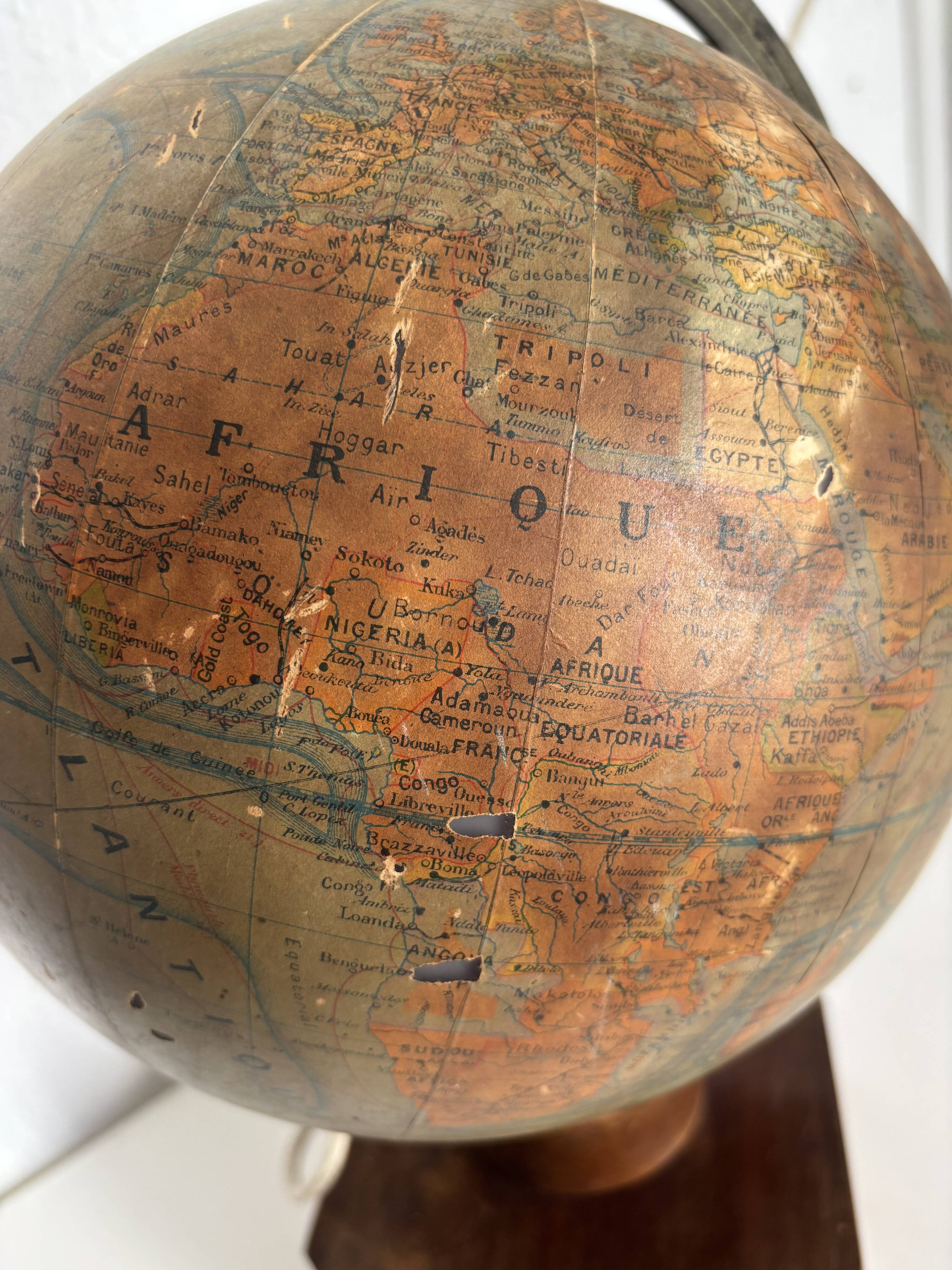 Vintage 1930 globe terrestrial Jacques Adnet world map J. Forest glass wood -