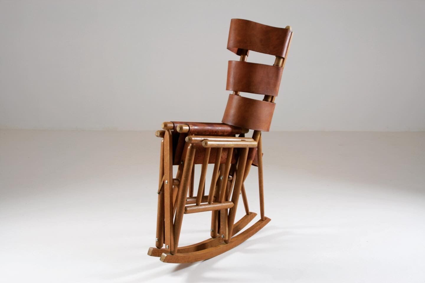 American rocking chair in wood and leather, 1960s