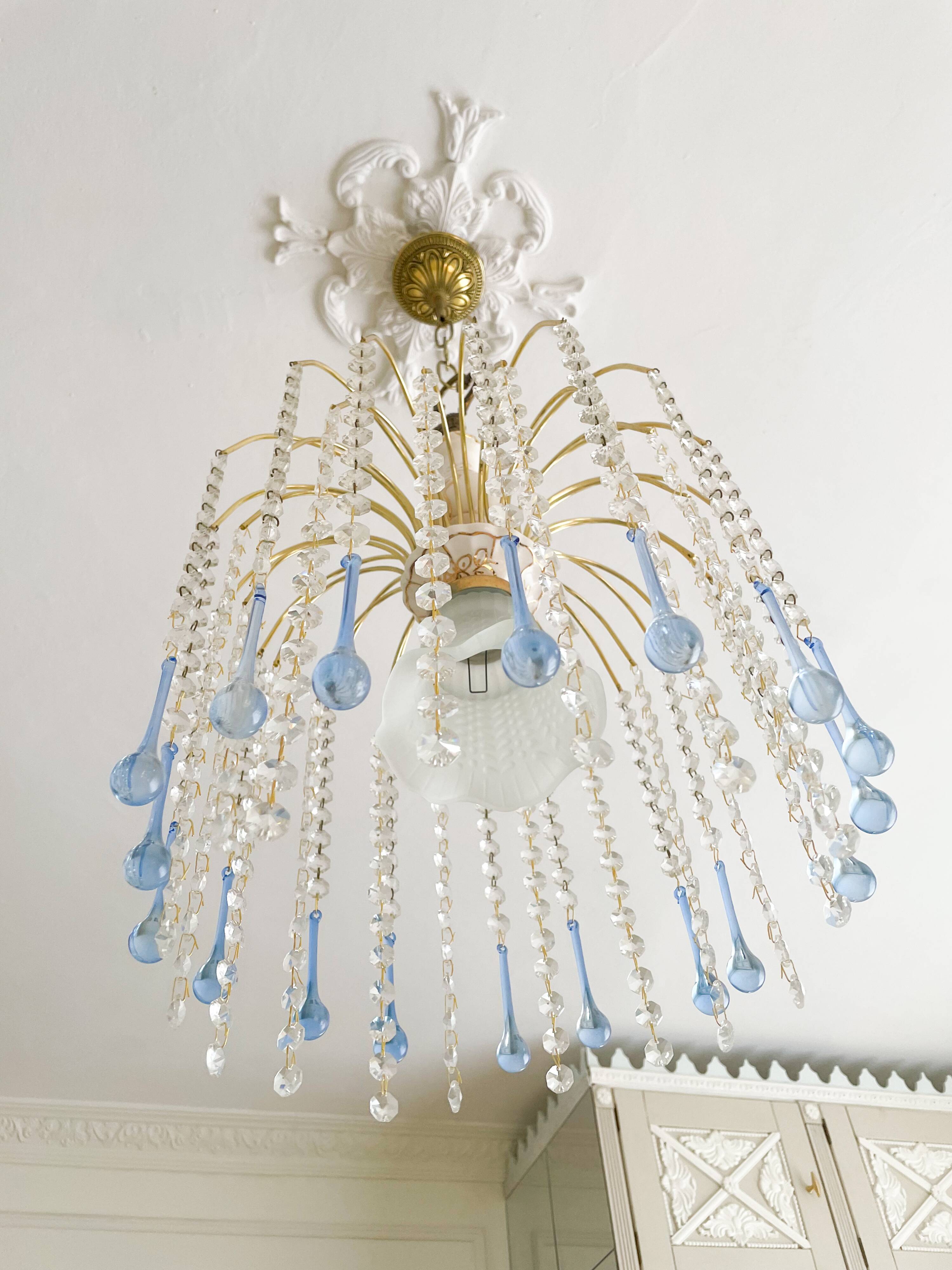 Suspension style Murano en cristal de Bohême et pampilles bleues