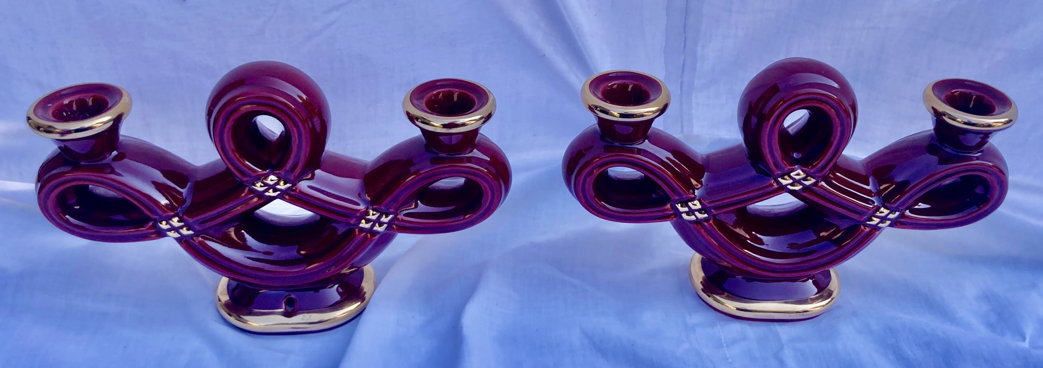 Double Candle Holder Vallauris Vintage Red Burgundy Ceramic Massier Style