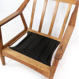 Armchair in oak and upholstered with red fabric, designed by H. Brockmann Pedersen, 1960s