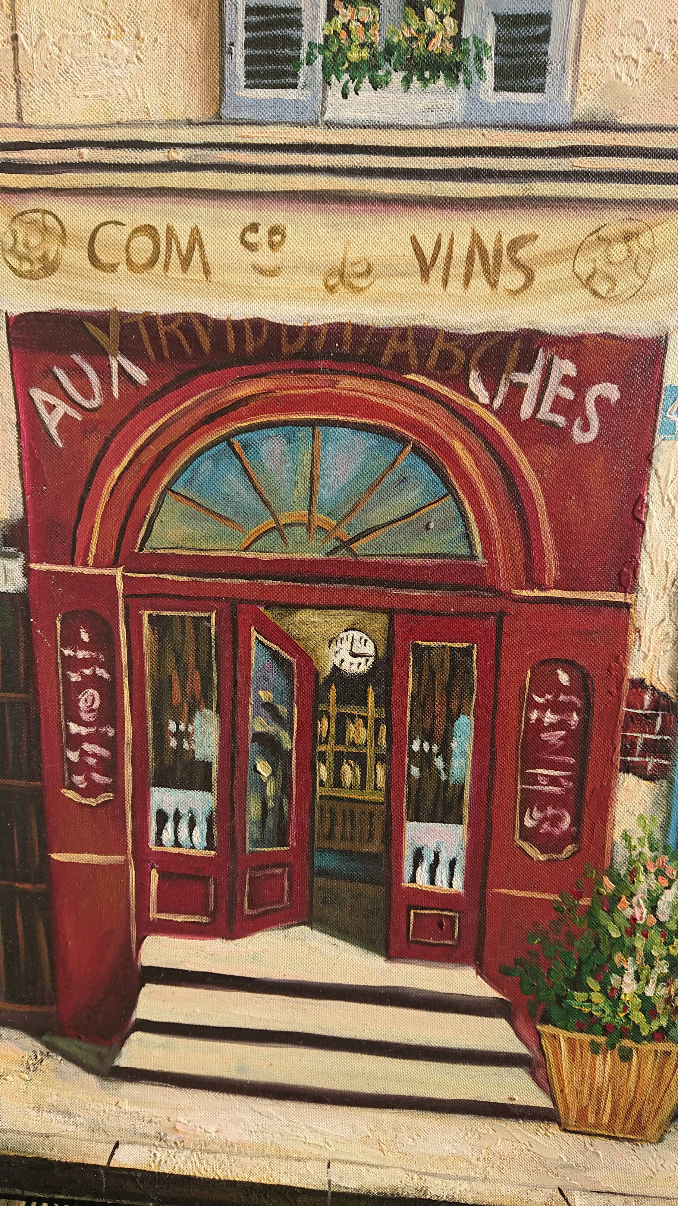 Oil on canvas restaurant storefront, signed À Morin