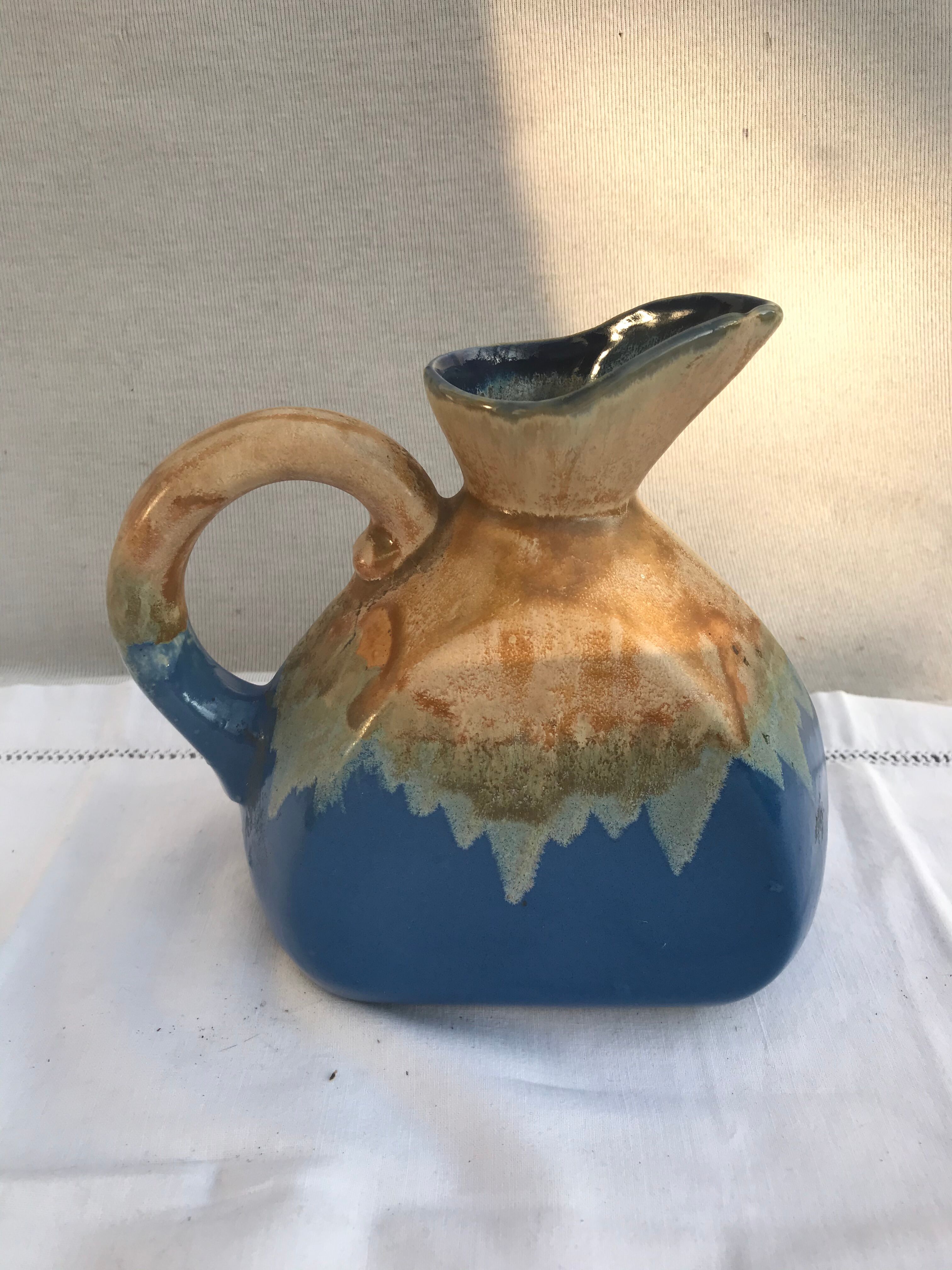 Former Art Deco Pitcher ALPHO Ceramics Enamelled Blue Beige Vintage Kitchen